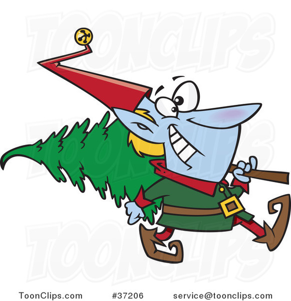 Cartoon Christmas Elf Carrying a Tree