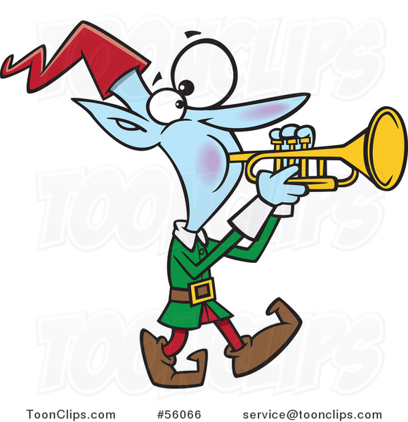 Cartoon Christmas Elf Marching and Playing the Trumpet