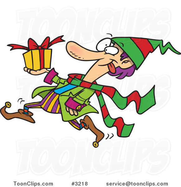 Cartoon Christmas Elf Running with a Gift