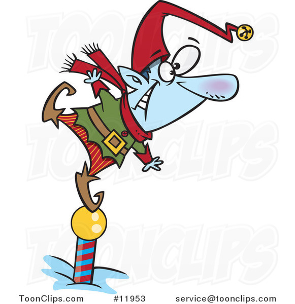 Cartoon Christmas Elf Standing on a Pole and Keeping a Look out