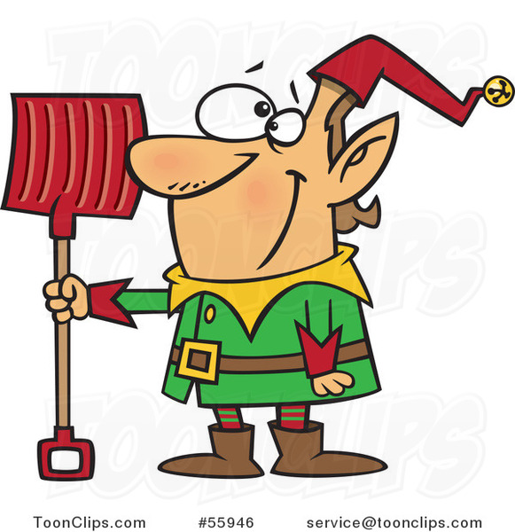 Cartoon Christmas Elf with a Snow Shovel