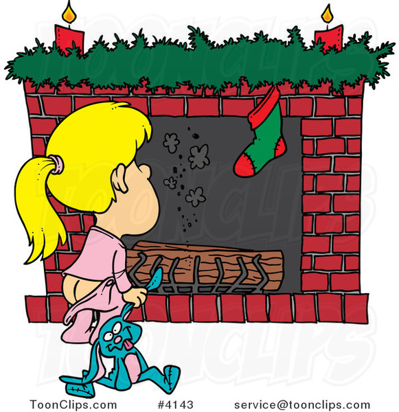 Cartoon Christmas Girl Waiting for Santa at the Fire Place