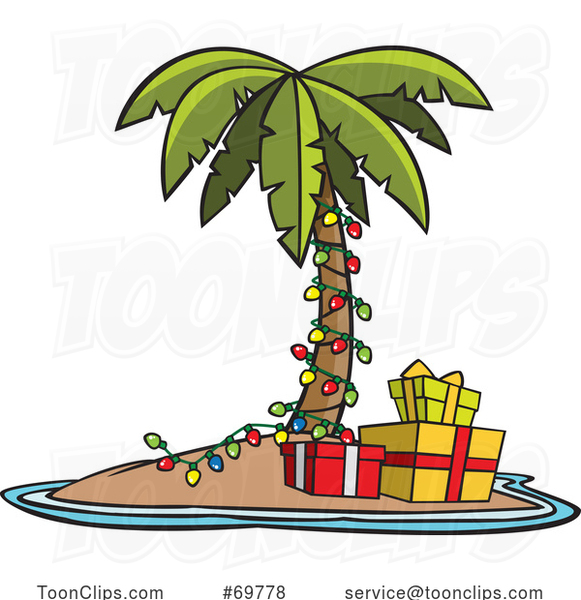 Cartoon Christmas Island with a Palm Tree and Gifts