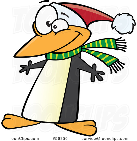Cartoon Christmas Penguin Wearing a Scarf and Santa Hat