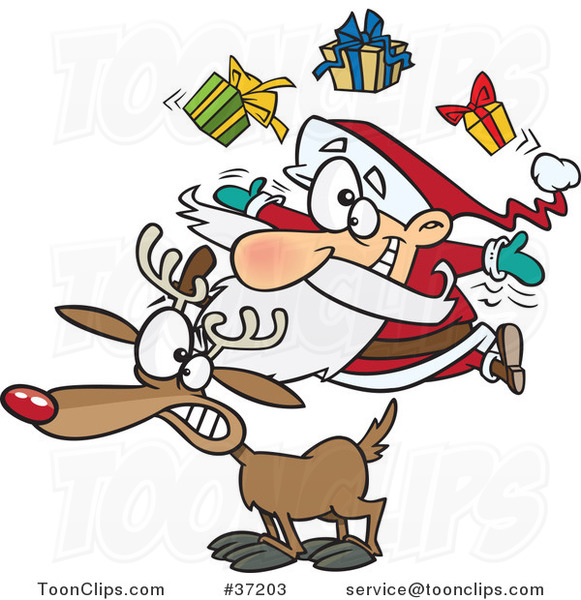 Cartoon Christmas Santa Juggling Gifts on a Reindeer