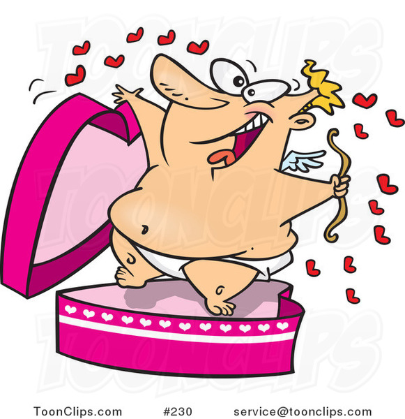 Cartoon Chubby Cupid Leaping out of a Pink Heart Surprise Box, Surrounded by Little Red Hearts