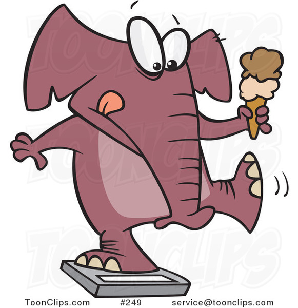 Cartoon Chubby Elephant Holding an Ice Cream Cone and Standing on a Scale