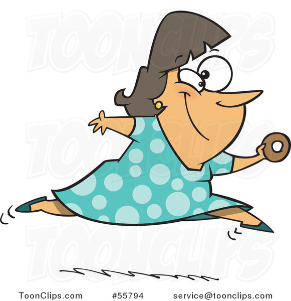 Cartoon Chubby White Lady Leaping with a Donut in Hand