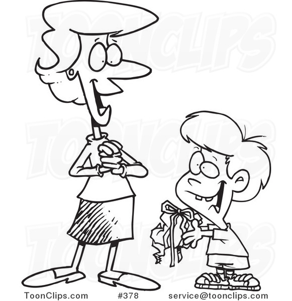 Cartoon Coloring Page Line Art of a Boy Giving His Mom a Messy Gift