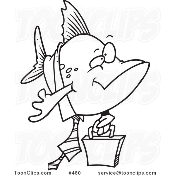 Cartoon Coloring Page Line Art of a Business Fish Carrying a Briefcase
