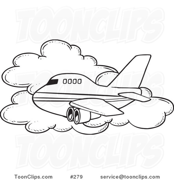 Cartoon Coloring Page Line Art of a Commercial Airliner Passing a Cloud in Flight