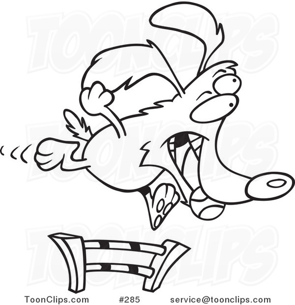 Cartoon Coloring Page Line Art of a Dog Catching a Ball and Leaping a Hurdle in an Agility Course