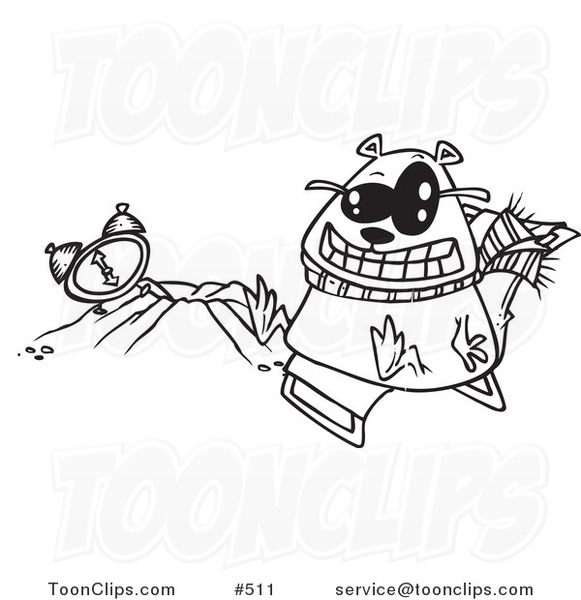 Cartoon Coloring Page Line Art of a Groundhog Wearing Shades and Sitting by His Hole