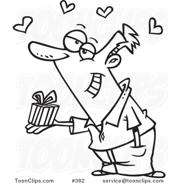Cartoon Coloring Page Line Art of a Guy Holding a Valentines Day Gift