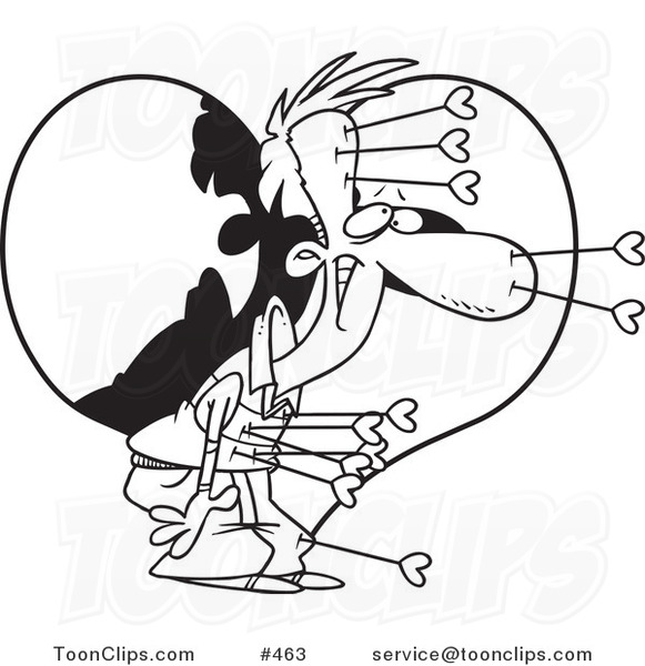 Cartoon Coloring Page Line Art of a Guy Struck with Love Arrows in Front of a Heart