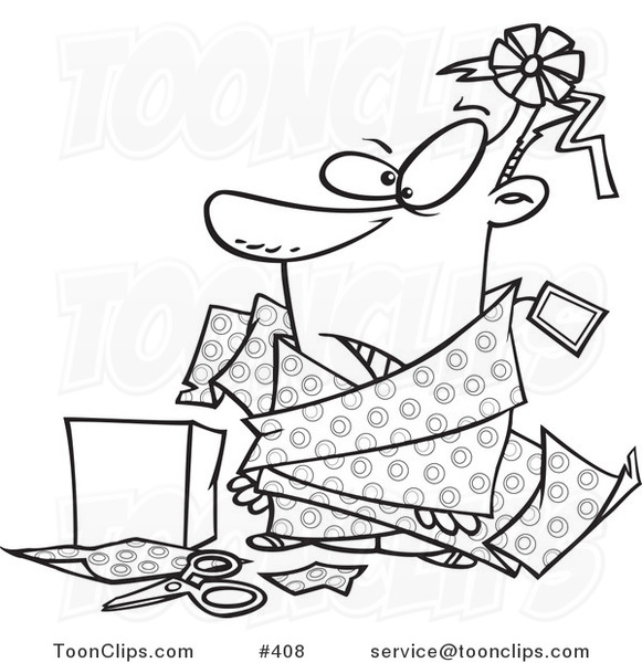 Cartoon Coloring Page Line Art of a Guy Tangled in Wrapping Paper