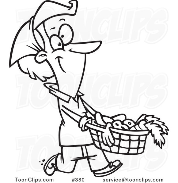 Cartoon Coloring Page Line Art of a Lady Carrying a Harvest Basket