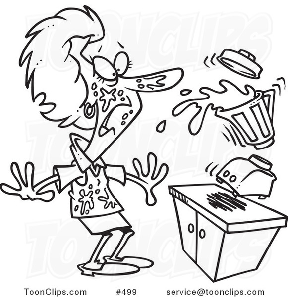 Cartoon Coloring Page Line Art of a Lady Getting Splashed from Juice with Her Blender