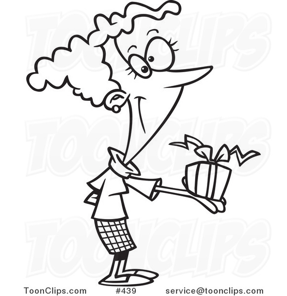 Cartoon Coloring Page Line Art of a Lady Holding a Gift Box