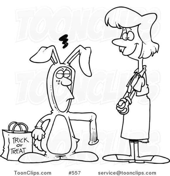 Cartoon Coloring Page Line Art of a Mother Admiring Her Son in a Rabbit Costume for Halloween