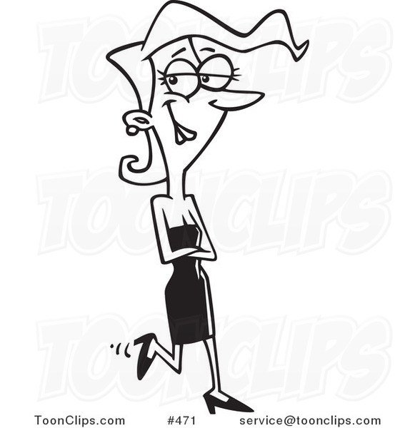 Cartoon Coloring Page Line Art of a Pretty Lady Walking in a Black Dress  #471 by Ron Leishman