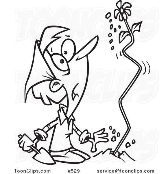 Cartoon Coloring Page Line Art of a Surprised Lady Watching a Flower Shoot out of the Ground
