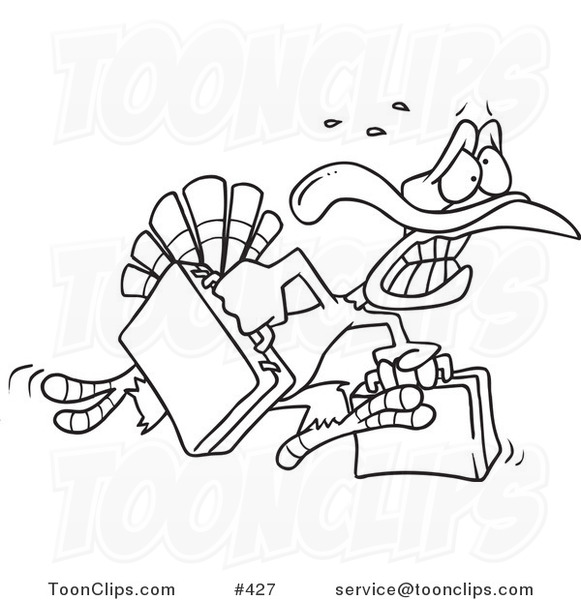 Cartoon Coloring Page Line Art of a Turkey Bird Running in Panic with Luggage