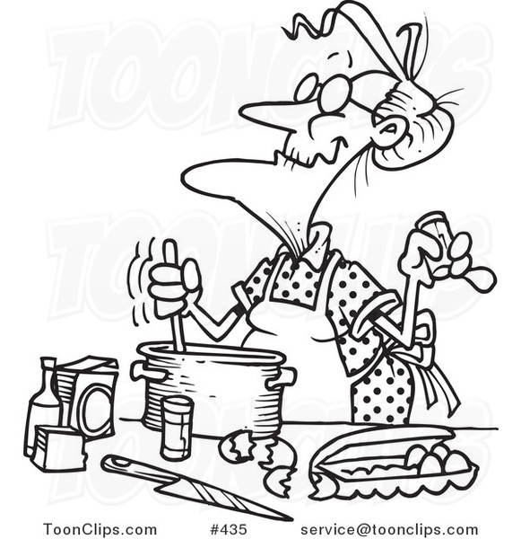 Cartoon Coloring Page Line Art of an Old Lady Baking