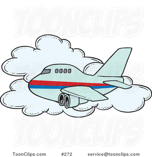 Cartoon Commercial Airliner Passing a Cloud in Flight