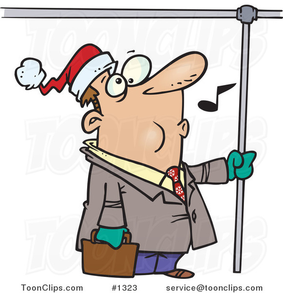 Cartoon Commuting Business Man Whistling and Wearing a Santa Hat
