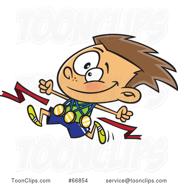 Cartoon Competitive Athletic White Boy Wearing Medals and Running