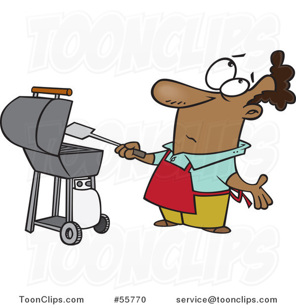Cartoon Confused Black Guy Flipping a Lost Burger and Waiting for It to Fall down