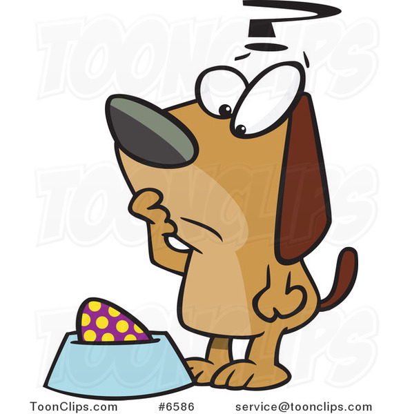 Cartoon Confused Dog Staring at an Egg in His Dish