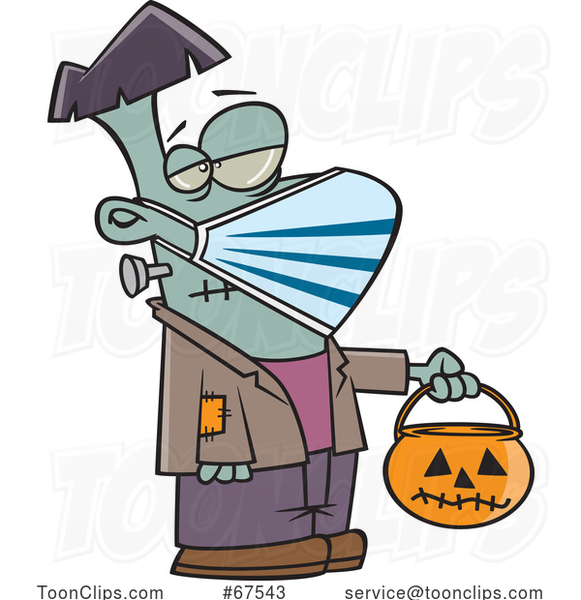 Cartoon Covid Halloween Frankenstein Wearing a Mask and Trick or Treating