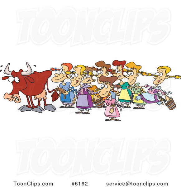 Cartoon Cow with Eight Milking Maids