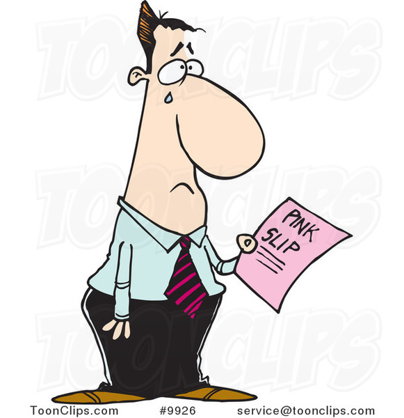 Cartoon Crying Business Man Holding a Pink Slip
