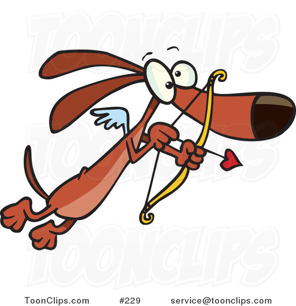 Cartoon Cute Brown Cupid Dog with Tiny Wings, Flying with a Heart Arrow Aimed