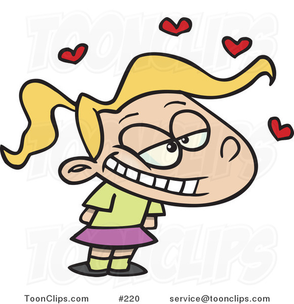 Cartoon Cute Little Blond White Girl with a Cruch on Someone, Red Hearts Fluttering Above Her Head