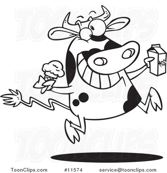 Cartoon Dairy Cow with Ice Cream and Milk Black and White Outline