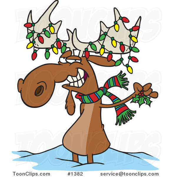 Cartoon Decorated Christmas Moose in the Snow