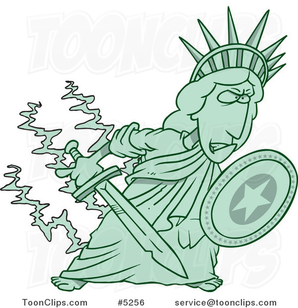 Cartoon Defensive Statue Of Liberty Holding A Shield And Sword 5256 By Ron Leishman 