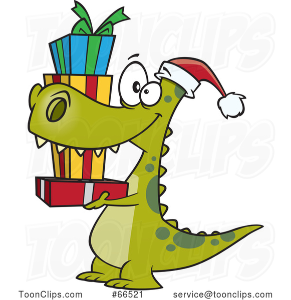 Cartoon Dinosaur Wearing a Santa Hat and Carrying Christmas Gifts