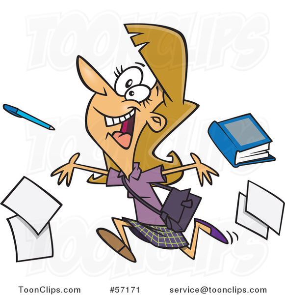 Cartoon Dirty Blond White Female Teacher Running and Tossing Items on the Last Day of School