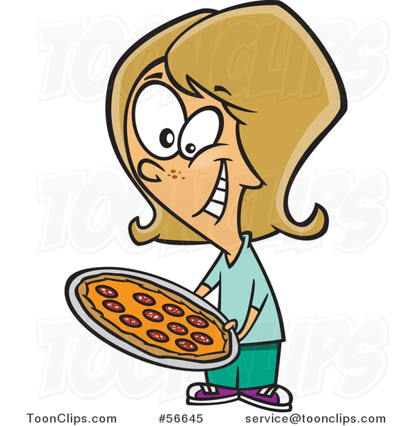 Cartoon Dirty Blond White Girl Holding a Pizza