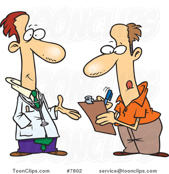 Cartoon Doctor Talking to a Patient Filling out Forms