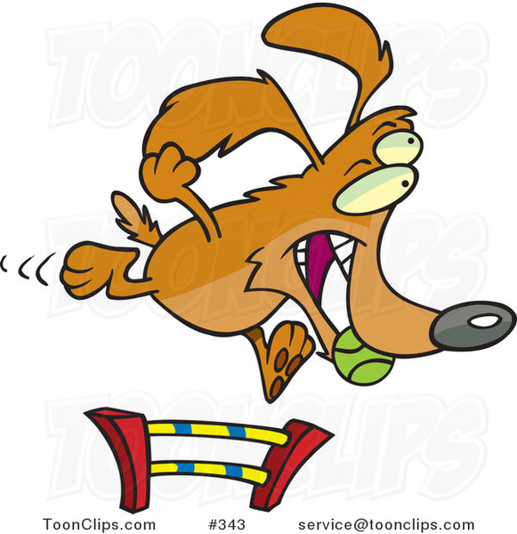 Cartoon Dog Catching a Ball and Leaping a Hurdle in an Agility Course