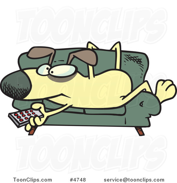 Cartoon Dog Holding a Remote Control and Resting on a Couch