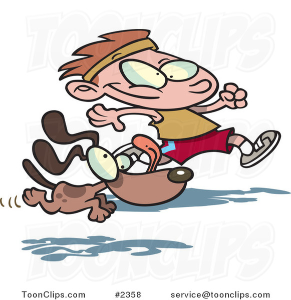 Cartoon Dog Running with a Boy