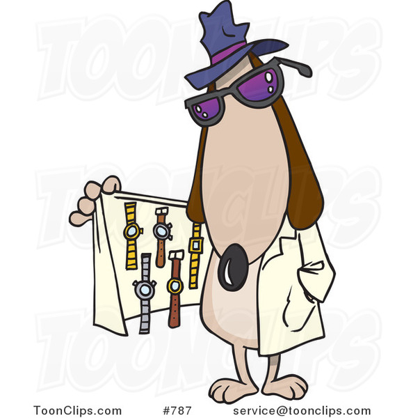 Cartoon Dog Selling Watches from Under His Coat
