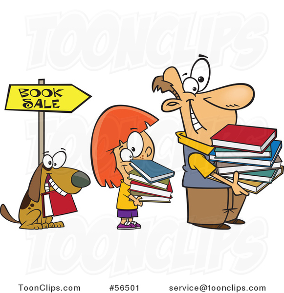 Cartoon Dog, White Girl and Guy Holding Books and Waiting in Line at a Sale